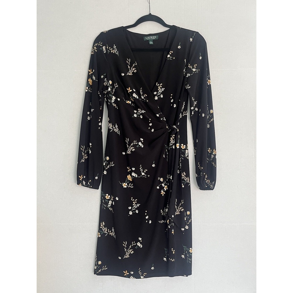 Lauren Ralph Lauren Black Ditsy Floral Wrinkle Resistant Faux Wrap Dress Size 6